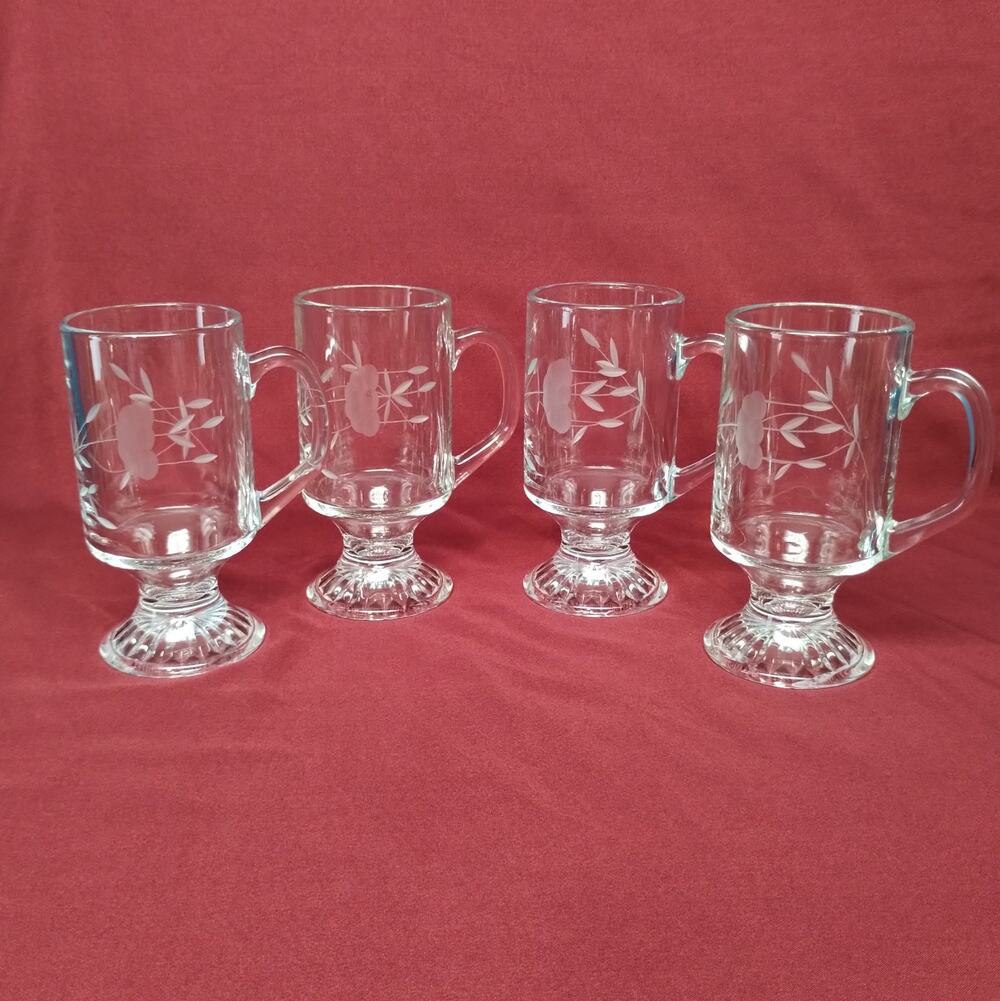 Princess House Heritage Irish Coffee Mugs Set 4 Crystal Etched Glass - Scratch